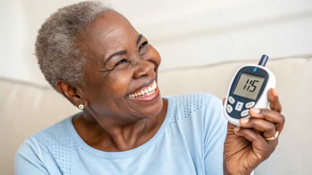 A diabetic patient smiling with a glucose meter